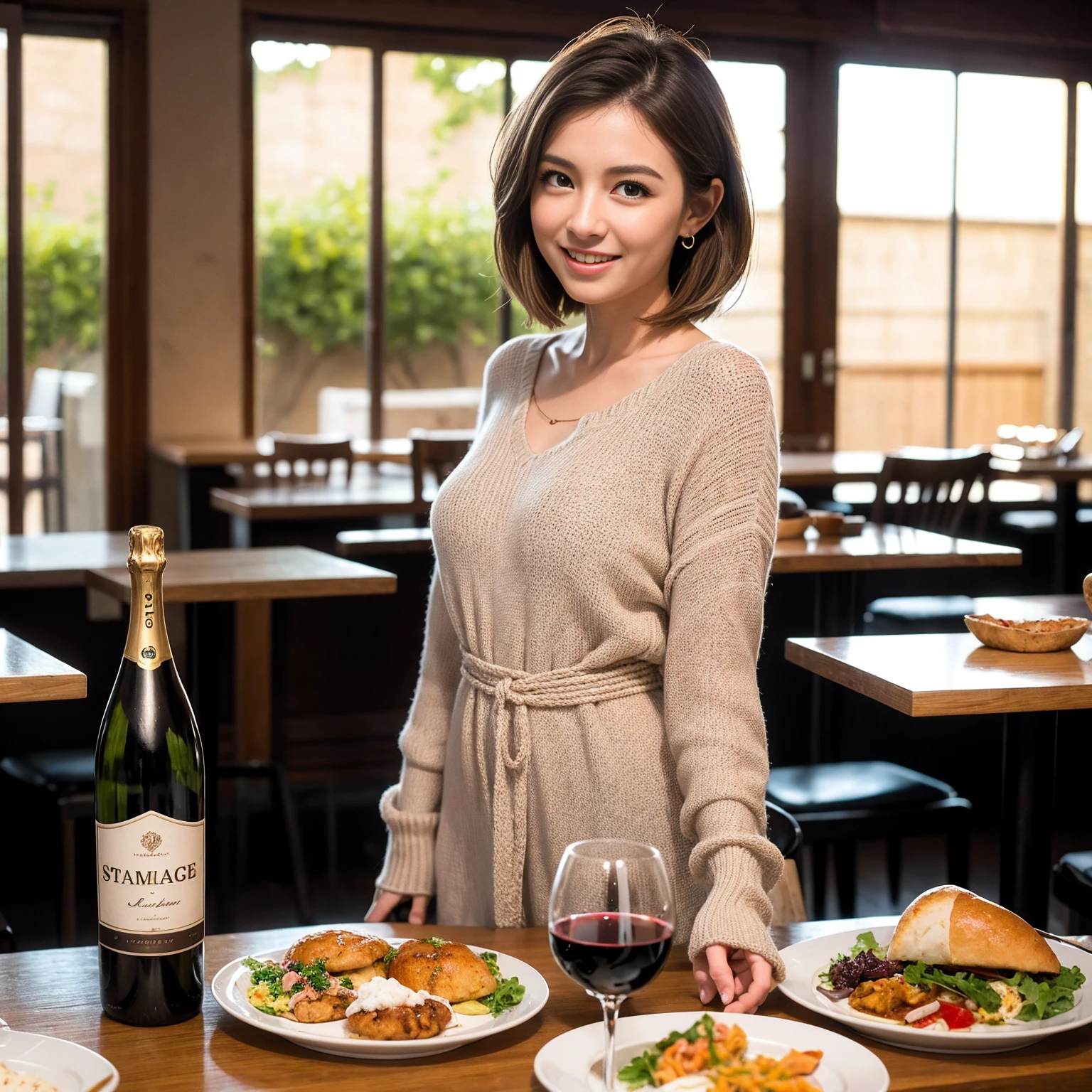 ((Highest quality、8K、masterpiece:1.3))、slimカップル、Pink rubber、modelカップル、(Realistic, Intricate details:1.2), full-course dinner、Wine Party、Amazing view of the sunset sky and clouds、A bright smile、The wonderfulness of smile、Bright image、The beauty of wine, Beautiful Face, blue eyes, The light shines on your face, Blushing, short hair,Bright Face、 (Age 37), 39 years old, red wine 、Appetizers、Italian food、Wine bottle、Champagne、sparkling wine、Two beauties、Brown Hair、Shortcuts、Long sleeve shirt、dress、Beautiful woman 1, (slimな顔), (The body is slim), (Brown Hair), (Shortcuts), cheeks turn a little red,Attractive beauty、restaurant, In a prominent place (From the waist up) Nova Frog Style, actress, model, Upper Body, White wine, slim, wine glass, 中央に置かれたwine glass, smile, (smile: 1.15), Beautiful fine grain, Depth f/2,saturation, High Contrast, Strong light and shadow,Moist Body:1.5、3D texture、Delicate eyes、Brown Hair、The hair is very shiny、