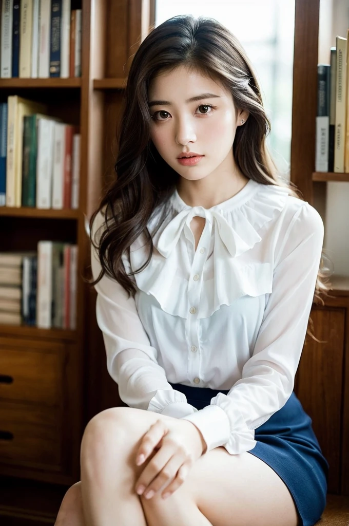 プロンプトマージ

Capture the serene beauty of a young woman immersed in the peaceful ambiance of a library. The soft, diffused lighting gently illuminates her features, highlighting her delicate expressions and creating an atmosphere of tranquility. The library's shelves filled with books provide a backdrop of knowledge and wisdom. Focus on capturing the model's natural charm and elegance, preserving the essence of a serene and introspective moment. A lovely 21-year-old Japanese gravure model with soft, wavy, ash-brown hair adorned with a ribbon, captivates with a mesmerizing expression. She is wearing a white blouse with frills, a blue skirt with frills, and white ankle socks with frills. Sitting on the bed, she embraces her knees while gazing towards the camera, exuding a melancholic allure. Create a scene where beauty and transience intertwine.