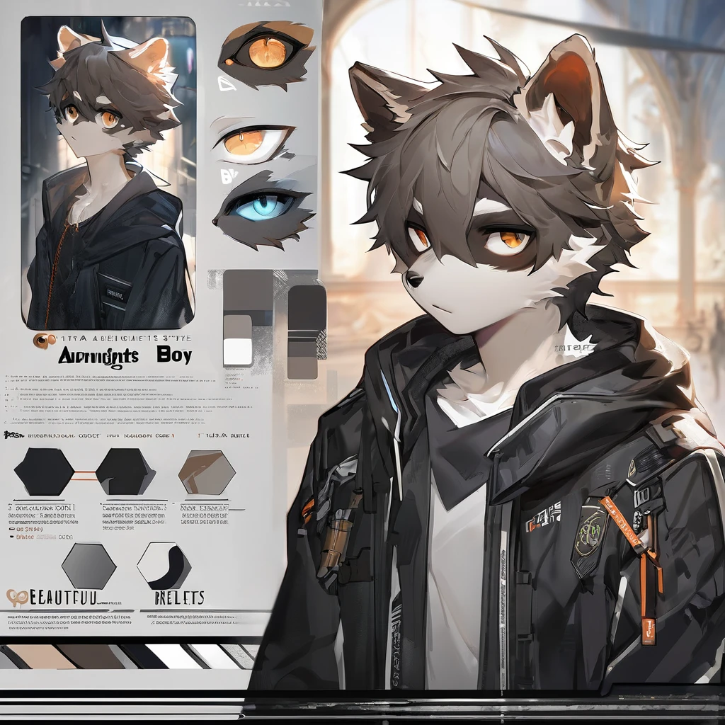 ((Masterpiece)), (Ultra detailed), (best quality), detailed background, Raccoon, (arknights style), (concept art, Character Sheet), absurdities (Beautiful and highly detailed face and eyes) perfect anatomy ( angelic handsome boy, Black jacket, )(furry antro),