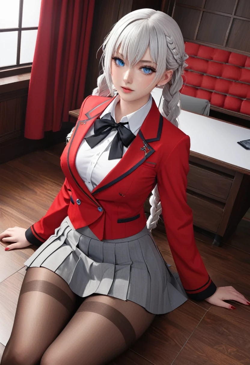"1 girl, Incredibly detailed 8k computer graphics, perfect model, mesmerizing idol, stunning face, otherworldly beauty, virgin white hair, ring braids, charming blue eyes, kakegurui , Red blazer, white shirt, gray pleated skirt, brown pantyhose, all-body, legs spread open, visible pussy, thong mesh, Unbutton your shirt, bare chested, background room