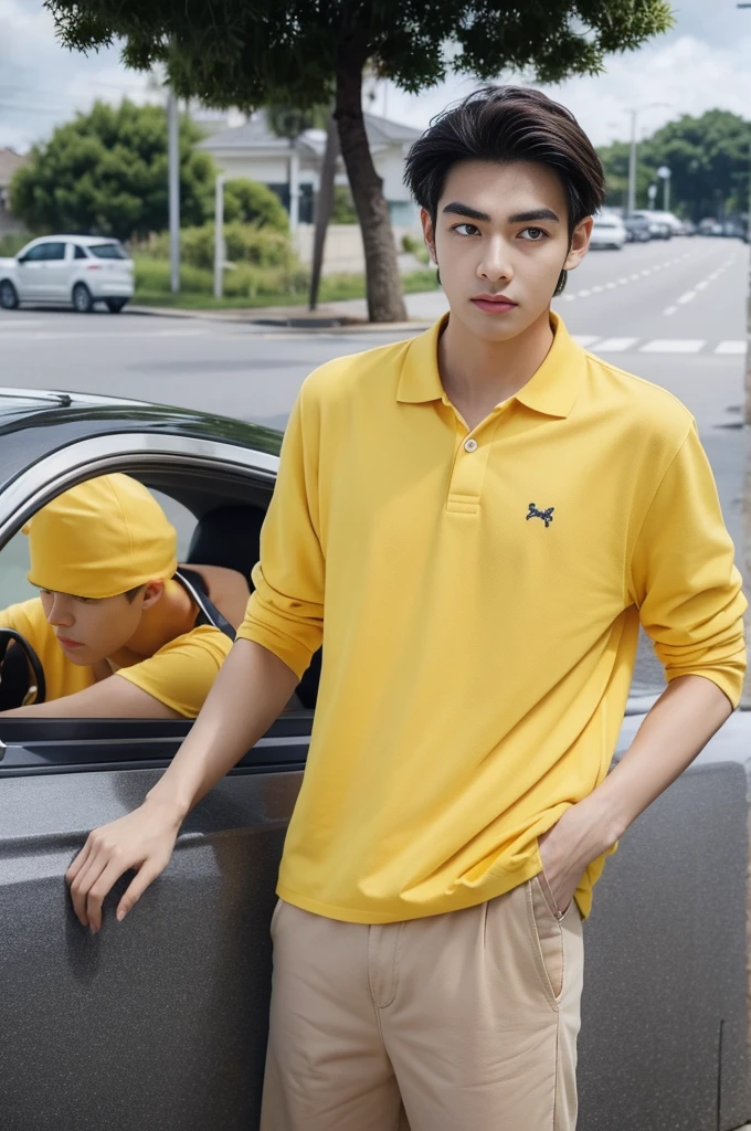 A young man in a yellow polo shirt stood on the side of the road with a serious expression., looking into the distance，Eyebrows frowned.，He looked worried.，Turn your head slightly.，Cloudy day, coffee shop