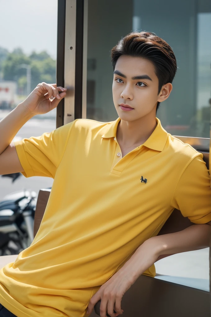 A young man in a yellow polo shirt stood on the side of the road with a serious expression., looking into the distance,Eyebrows frowned.,He looked worried.,Turn your head slightly.,Cloudy day, coffee shop