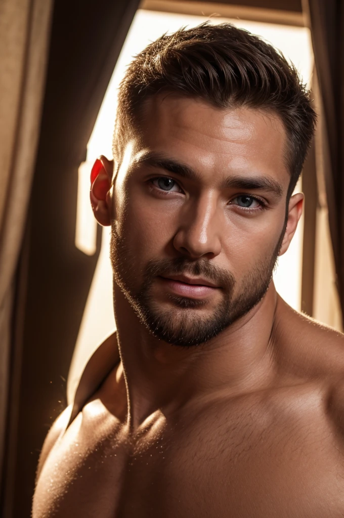 (8K、RAWE Photo、Highest quality、masterpiece:1.2)、(Real、Photorealistic:1.37)、Super detailed、Ultra-high resolution、1 male、Beautiful detailed face、(Feather Cut: 0.6)、Professional Lighting、The lighting is bright、Actor、model、Full body、Wide-angle shot、Daytime、bright , simple background ,Simple Background、Slender、beard、front、Face close-up、