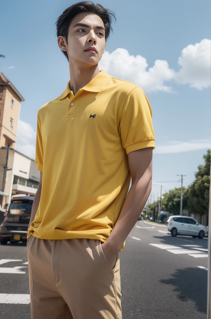 A young man in a yellow polo shirt stood on the side of the road with a serious expression., looking into the distance,Eyebrows frowned.,He looked worried.,Turn your head slightly.,Cloudy day, coffee shop