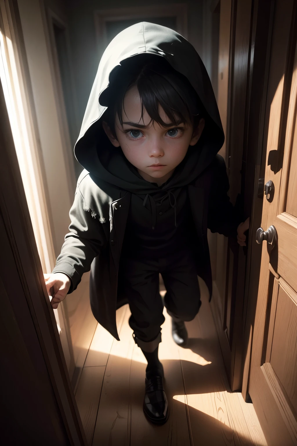 A boy, shrouded in an aura of foreboding, is stealthily peeking through a slightly ajar door in a dimly lit room. His eyes are wide with curiosity and a tinge of fear, painstakingly scanning the eerie interior filled with shadows that seem to dance and shift in the flickering candlelight. The room, accurately rendered in 4k resolution, is a masterclass in realism, with every creaking floorboard and cobweb lending to the atmosphere of suspense and intrigue.