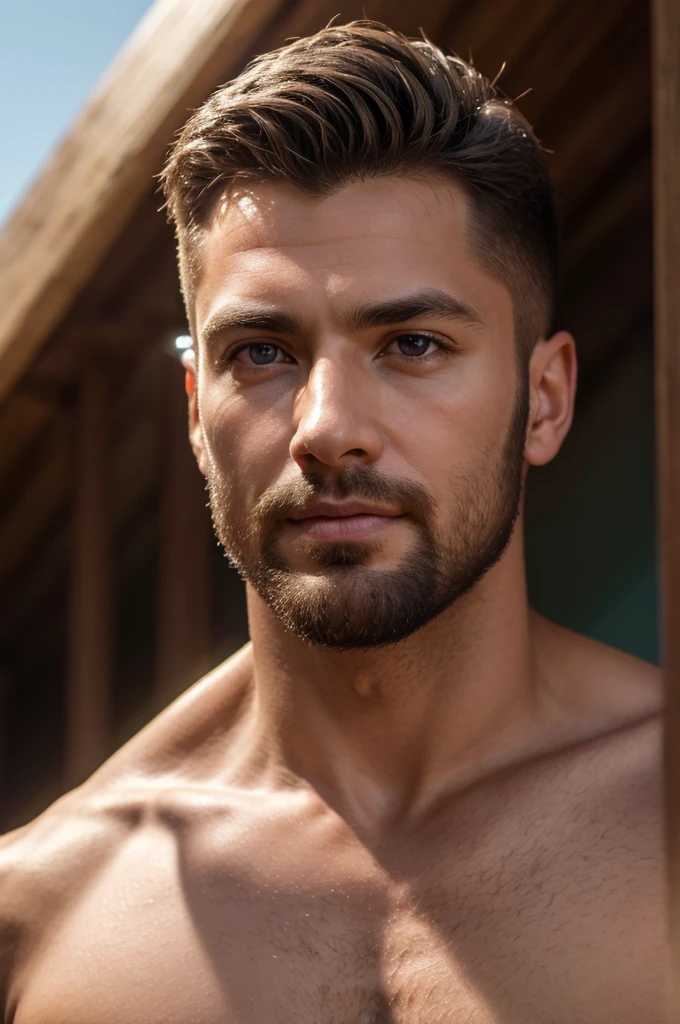 (8K、RAWE Photo、Highest quality、masterpiece:1.2)、(Real、Photorealistic:1.37)、Super detailed、Ultra-high resolution、1 male、Beautiful detailed face、(Feather Cut: 0.6)、Professional Lighting、The lighting is bright、Actor、model、Full body、Wide-angle shot、Daytime、bright , simple background ,Simple Background、Slender、beard、front、Face close-up、