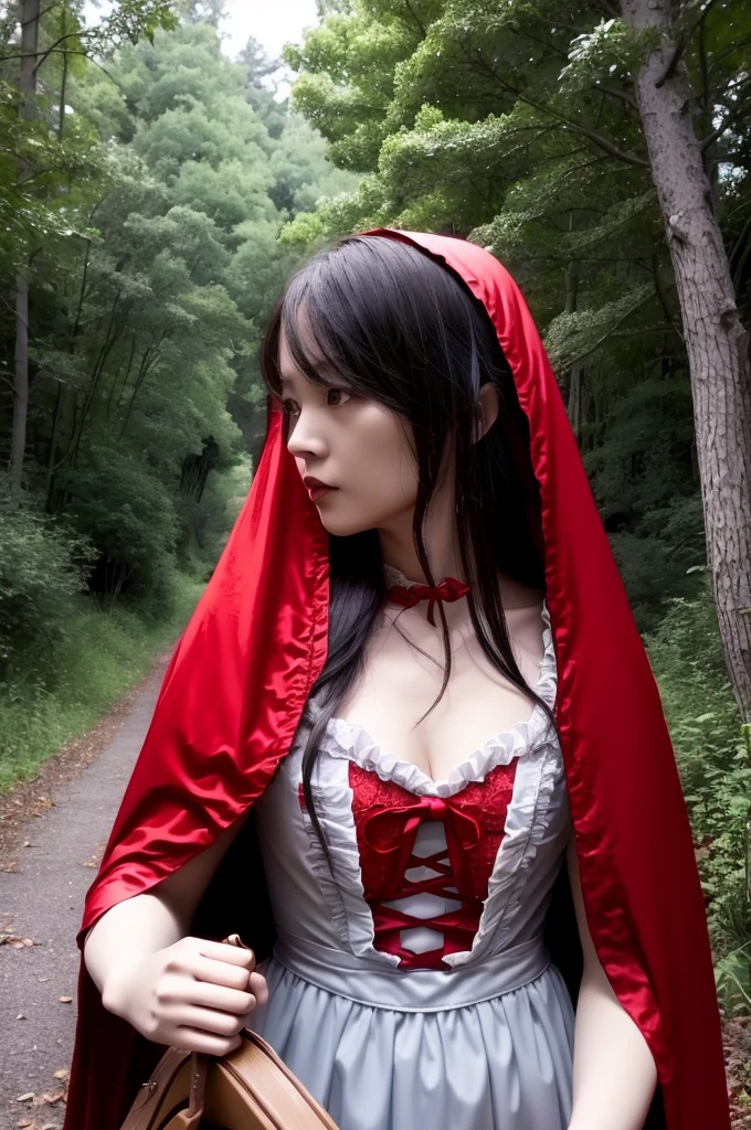 Little Red Riding Hood fairy tale、10Generation of women、Cute woman、Light clothing、Cinematic quality、It has a dark atmosphere and is a little scary.、mysterious、Japanese women