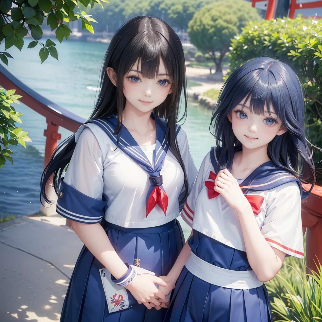 best quality, masterpiece,
Three Japanese-high-school-girls,
looking straight ahead and striking a gutsy pose are standing (separately:1.4), side by side,
wearing a short-sleeved Japanese-blue-high-school-sailor-suit,
(short-sleeved Japanese-blue-high-school-sailor-suit:1.7),
Reddish bow tie, with a school bag,
((too much smile)), very cute, face, head and waist fully visible, (soft eyes:1.2)
upper arms hidden by clothes and hair,(innocent and pure high-school-girls:1.7)
,(The image shows only the upper body:1.7)
(only one well-shaped beautiful mount Fuji:1.2), (shrine:1.2), summer(season) ,(outdoors:1.5),