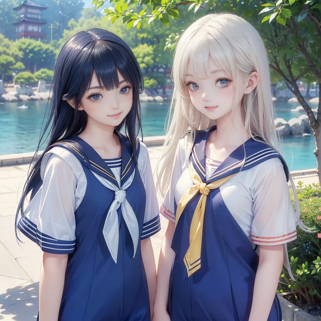 best quality, masterpiece, 

Three Japanese-high-school-girls, 

looking straight ahead and striking a gutsy pose are standing (separately:1.4), side by side, 

wearing  a short-sleeved Japanese-blue-high-school-sailor-suit,

(short-sleeved Japanese-blue-high-school-sailor-suit:1.7),

 Reddish bow tie, with a school bag, 

((too much smile)), very cute, face, head and waist fully visible, (soft eyes:1.2)

upper arms hidden by clothes and hair,(innocent and pure high-school-girls:1.7)

,(The image shows only the upper body:1.7)

 (only one well-shaped beautiful mount Fuji:1.2), (shrine:1.2), summer(season) ,(outdoors:1.5),