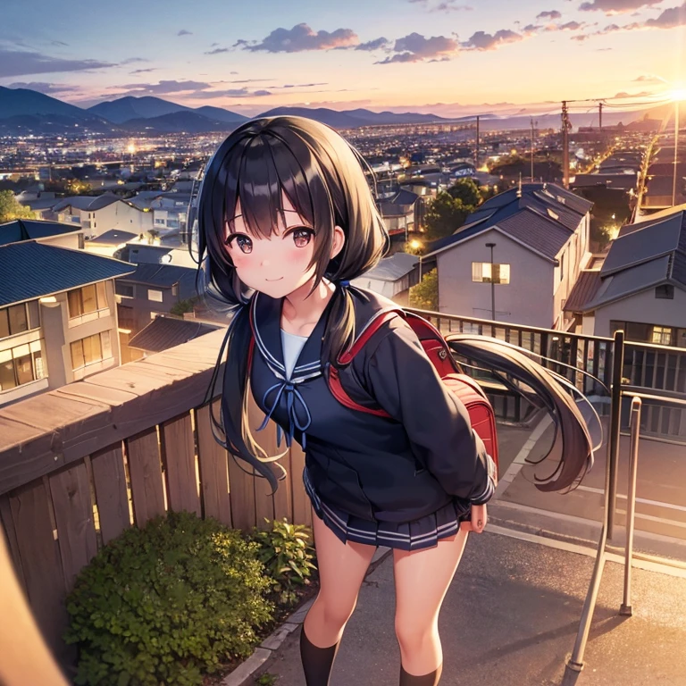 best quality, detailed, masterpiece, 1 girl, standing, gentle smile, , (low twintails:1.4), low pigtails, black hair, long hair, (navy blue sailor suit with blue ribbon:1.2), long sleeves, (dark brown eyes), (school bag), from the front, from few above, POV, alone, (steep downhill), long hill straight road to the back, electric pole, electric cable, hill city, housing, cityscape, sea in the distance, nice view, 15 o'clock, orange sky, animation
