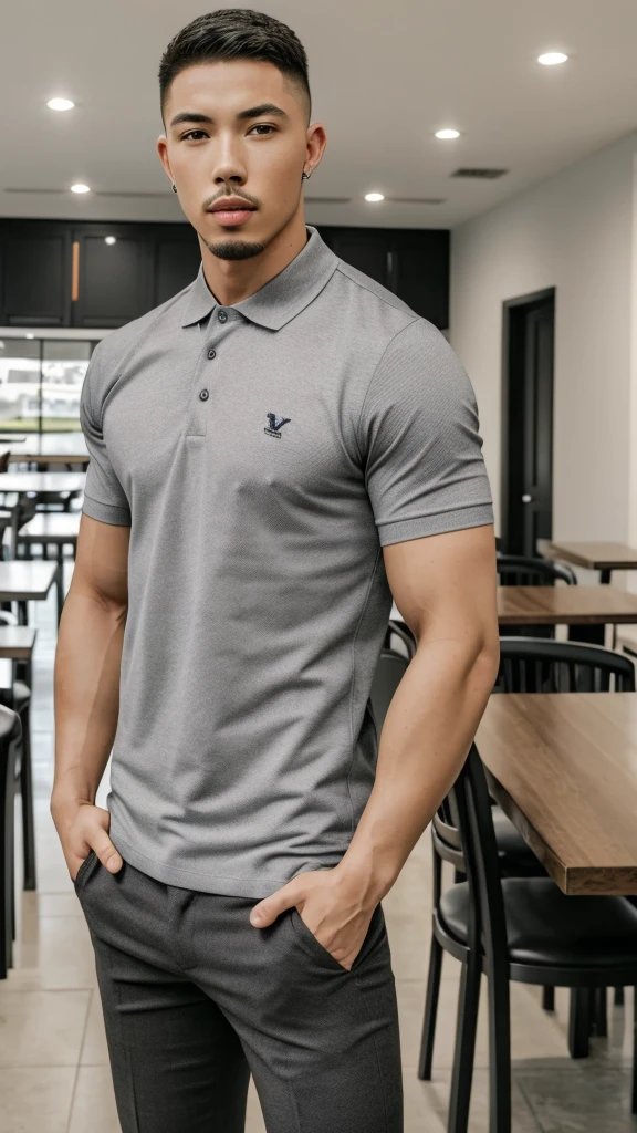 Tony Labrusca, young people, , Grey Polo Shirt, studio, matures,Portrait, man, A serious masterpiece, model , Wide yard, tables, chairs, restaurant