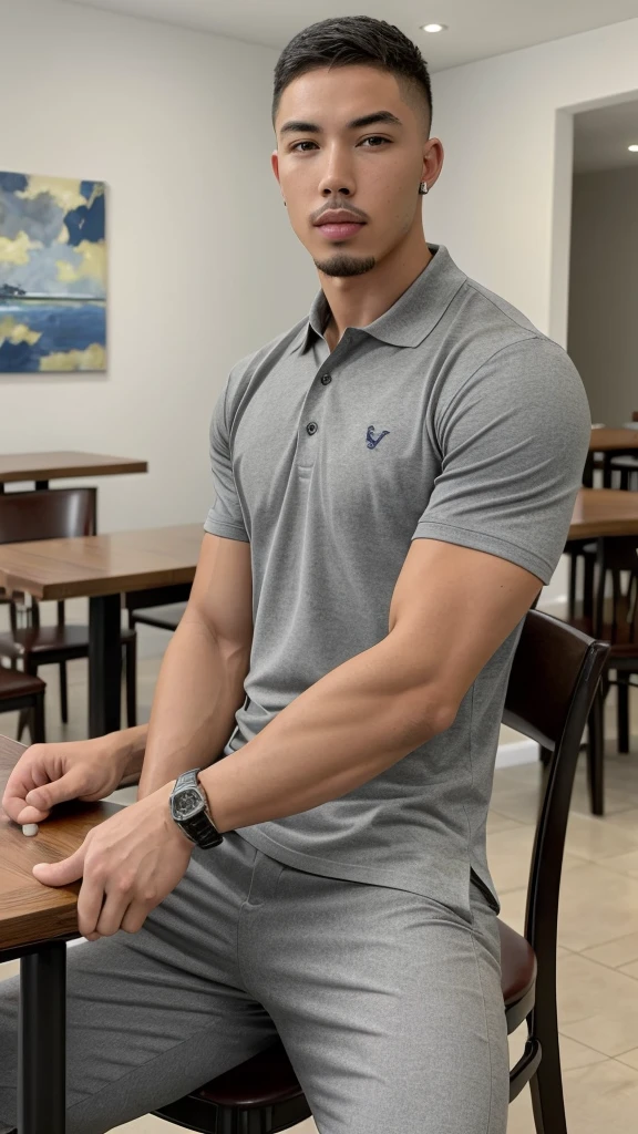 Tony Labrusca, young people, , Grey Polo Shirt, studio, matures,Portrait, man, A serious masterpiece, model  , Wide yard, tables, chairs, restaurant