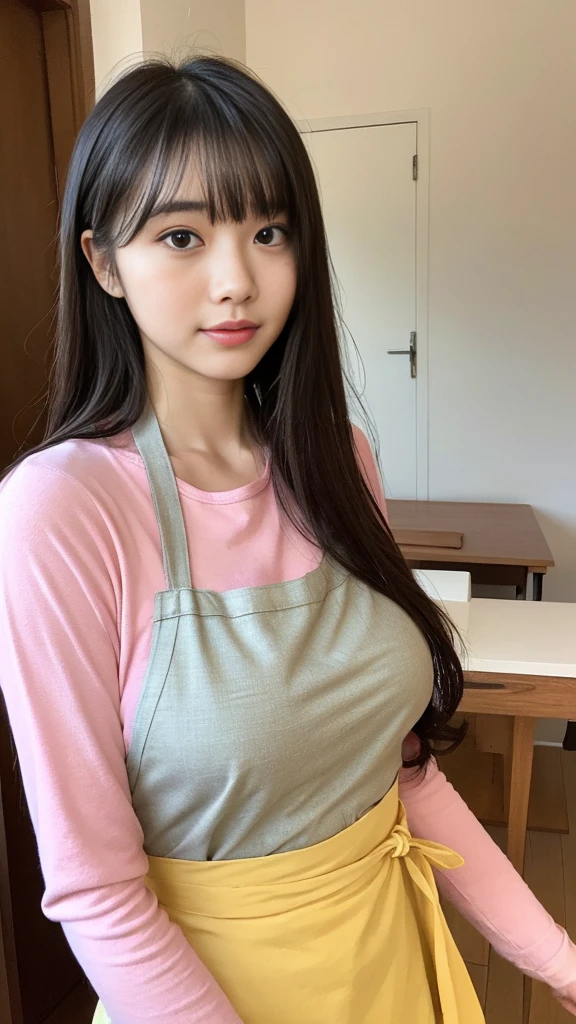 (1girl in)Japan woman wears a pink apron over her naked body、25-years old。kitchin