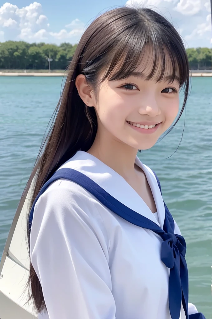 photo, real, female, Japanese, high school student, uniform, sailor suit, young, sky, smile, wind, clear sky, cloud, blue