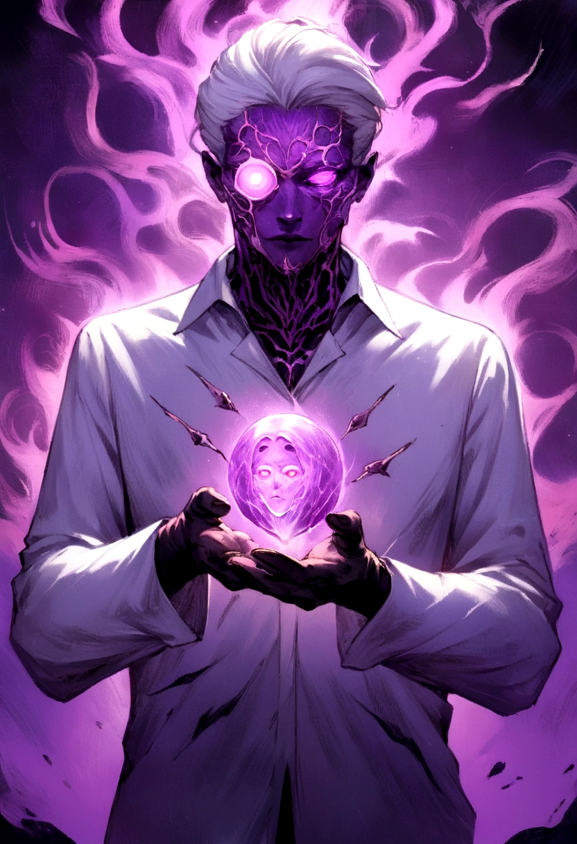 a man with glowing head and arms in front of a purple light, aura de nebulosa em torno do assunto, cosmic horror concept art, portrait a scientist holding system from solo leveling in his hand and other hand doing magic, dark sci-fi art, aura negra brilhante, Galactic Entity, flying pages white shirt, short white hair