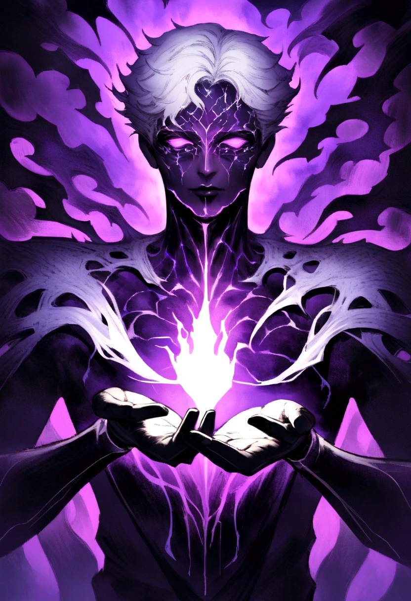 a man with glowing head and arms in front of a purple light, aura de nebulosa em torno do assunto, cosmic horror concept art, portrait a scientist holding system from solo leveling in his hand and other hand doing magic, dark sci-fi art, aura negra brilhante, Galactic Entity, flying pages white shirt, short white hair