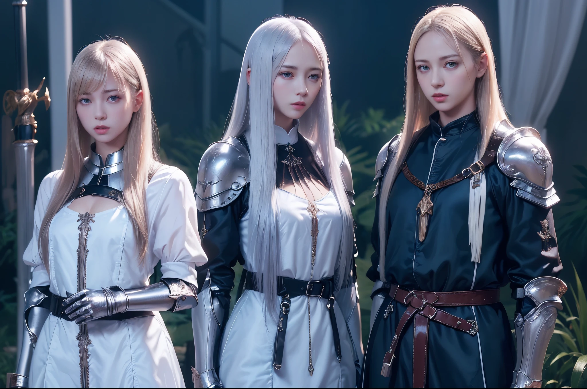 Top quality, masterpiece, very high resolution, (photorealistic: 1.4), Raw photo, 2 girls, long straight blond hair cut in a bob, light blue eyes, (beautiful breasts）、shiny skin、(( (beautiful detailed European faces)))、With a beautiful sword and shield、gorgeous and resplendent luminous girls,（Beautiful silver sexy armor、(((Random straight hair))),(((beautiful legs))), (proportionate breasts ), Seductive look, ((Background of beautiful decaying dungeon ruins)), (Ultimate beauty), (Detailed and realistic beauty face), (Fighting demonic beasts), (Small LED), ((Super realistic details)), portlate, global lighting, Shadow, octane rendering, 8k, ultra-sharp, exposed raw skin in neckline, metals, Intricate ornament details, very intricate details, Lightweight and realistic (Mystical expression), CGSoation trend, bright eyes, Facing the camera), Gundam, Small LED.


