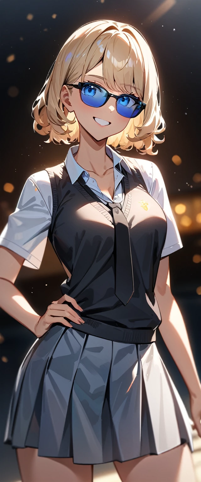 (((One girl))), tanned skin:1.3, blond hair, ((sunglasses, hand to sunglasses)), stick out tongue, ((one hand on hip)), ((bob cut:1.3, wavy hair)), Natural makeup, breasts, cleavage, (cowboy shot), standard body, (looking at viewer), collarbone, ((((school uniform, white unbuttoned shirt, skirt)))), (open collar), ((black tie under the sweater vest)), ((black sweater)), teenager, head tilt:1.3, (((blue eye))), ((happy smile)), (((anime style))), (best quality, 4k, 8k, highres, masterpiece:1.2, ultra-detailed, ultra-detailed eyes, HDR, UHD, studio lighting, ultra-fine painting, sharp focus, physically-based rendering, extreme detail description, professional, vivid colors, bokeh), ((Highest quality, Best image quality, Ultra-high resolution, Ultra-high resolution, solo, Strong eye highlights)), Depth of written boundary, Natural soft light, attractive, Beautiful Face, Cleanliness, Pure Face, nedium chest, Beautiful Face, Perfect Fingers, Perfect hands, Perfect body, Perfect Face, Shine a light into your eyes, Perfect Anatomy