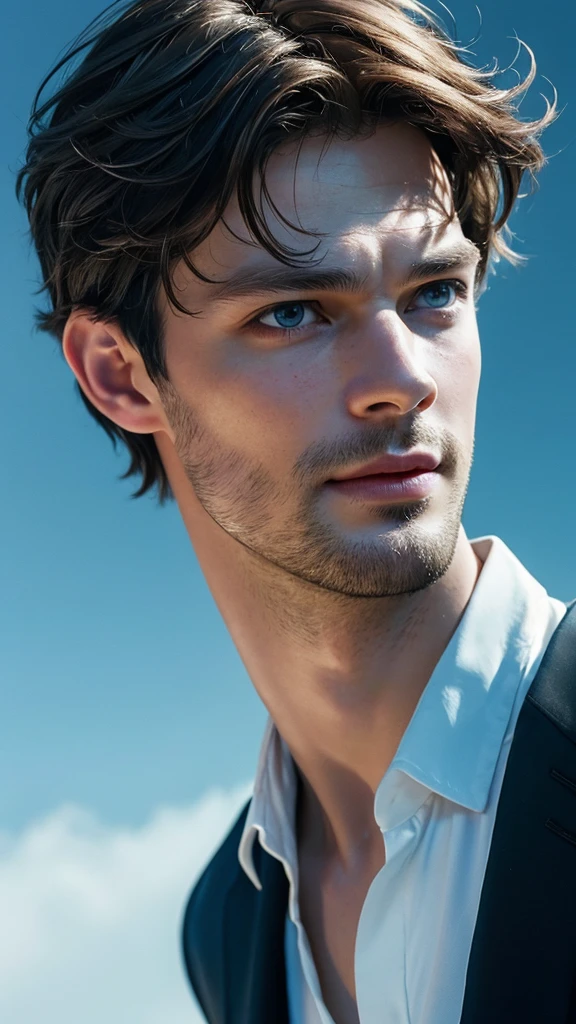 Jamie dornan, i man 40y, Light-brown hair, azure blue big eyes, Lake, Solo Focus Teen Facial, white shirt, a handsome, Smiling, Realistic, The dynamic pose is realistic, Detailed and correct facial structure, Leon S. Kennedy, a handsome, Extremely detailed, Dynamic Angle, cowboyshot, The Most Beautiful Shape, elegant, bright colours, romanticism, James Jean, roby dwi antono, by Ross Tran, francis bacon, michal mraz, adrian ghenie, petra cortright, gerhard richter, takato yamamoto, ashley wood, atmospheric