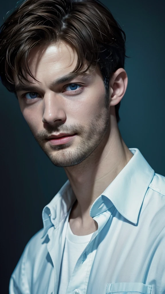 Jamie dornan, i man 40y, Light-brown hair, azure blue big eyes, Lake, Solo Focus Facial, white shirt, a handsome, Smiling, Realistic, The dynamic pose is realistic, Detailed and correct facial structure, Leon S. Kennedy, a handsome, Extremely detailed, Dynamic Angle, cowboyshot, The Most Beautiful Shape, elegant, bright colours, romanticism, James Jean, roby dwi antono, by Ross Tran, francis bacon, michal mraz, adrian ghenie, petra cortright, gerhard richter, takato yamamoto, ashley wood, atmospheric