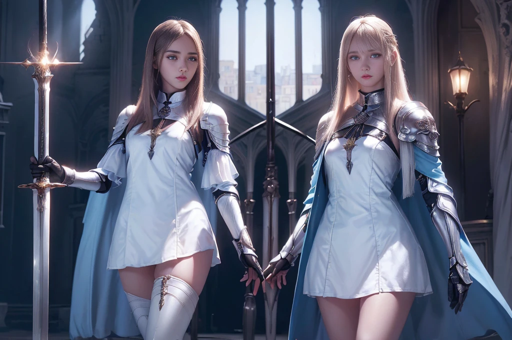 Top quality, masterpiece, very high resolution, (photorealistic: 1.4), Raw photo, 2 girls, long straight blond hair cut in a bob, light blue eyes, (beautiful breasts)、shiny skin、(( (beautiful detailed European faces)))、With a beautiful sword and shield、gorgeous and resplendent luminous girls,(Beautiful silver sexy armor、(((Random straight hair))),(((beautiful legs))), (proportionate breasts ), Seductive look, ((Background of beautiful decaying dungeon ruins)), (Ultimate beauty), (Detailed and realistic beauty face), (Fighting demonic beasts), (Small LED), ((Super realistic details)), portlate, global lighting, Shadow, octane rendering, 8k, ultra-sharp, exposed raw skin in neckline, metals, Intricate ornament details, very intricate details, Lightweight and realistic (Mystical expression), CGSoation trend, bright eyes, Facing the camera), Gundam, Small LED.