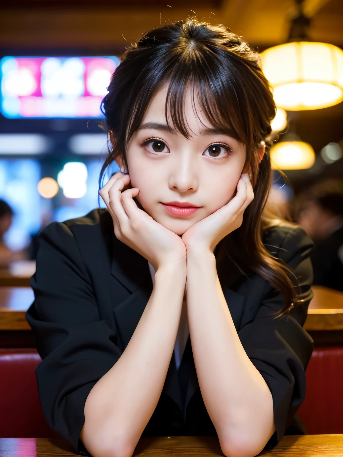 (Best-quality, Masterpiece, Ultra-High-Resolution, (Photorealistic:1.4), Raw Photo, depth of field, professional lighting, perfect anatomy, extremely details), 1girl, 15-years-old, the most famous Japanese idol, ((extremely cute face like the most popular Japanese idol, ((extremely cute and extremely big eyes)), extremely beautiful hair, extremely beautiful skins), extremely cute long-eyelashes, extremely cute lips), (((completely drunk))), 
(relaxing in authentic-bar), 
((wearing black-formal-business-suit))