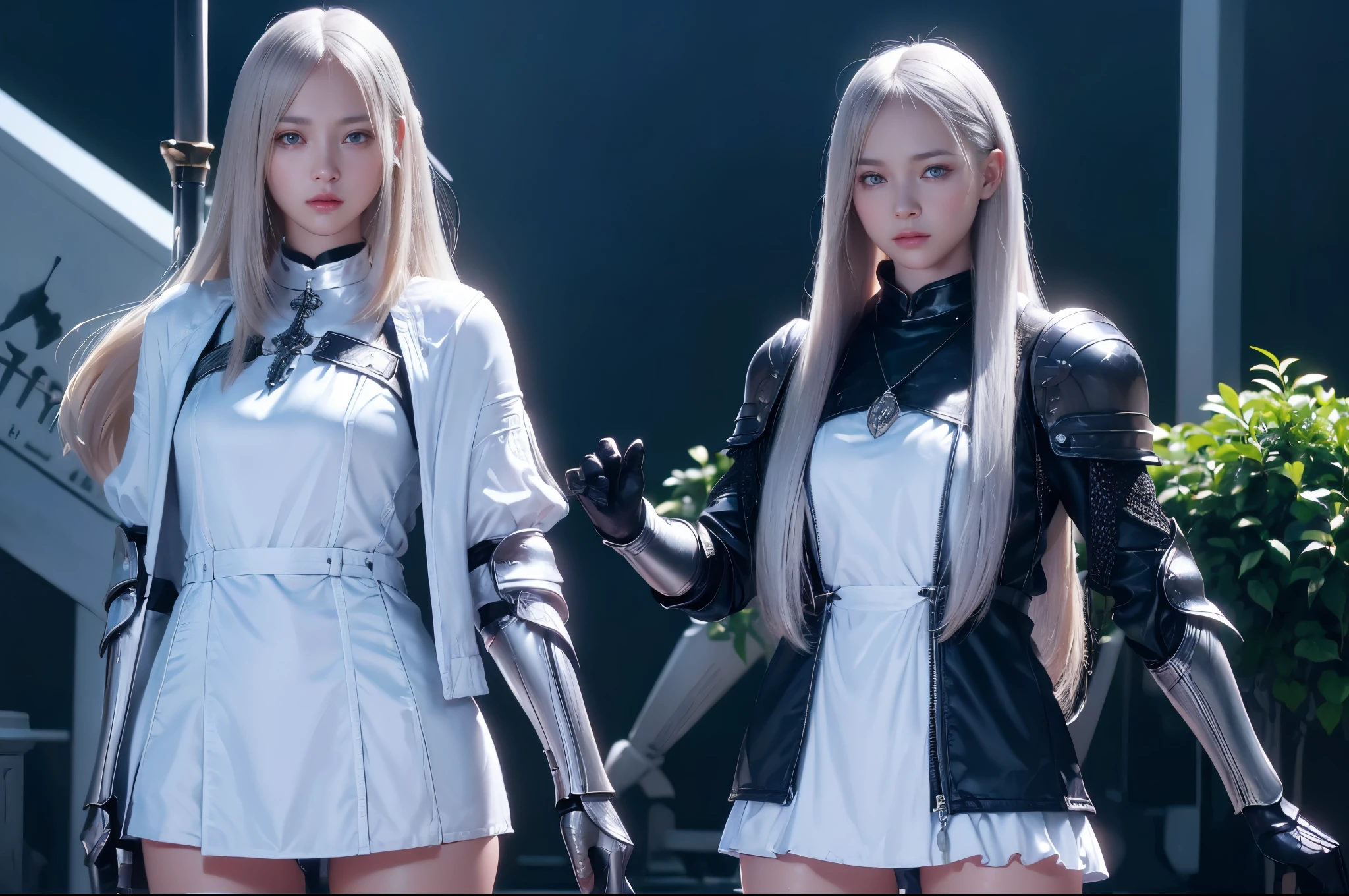Top quality, masterpiece, very high resolution, (photorealistic: 1.4), Raw photo, 2 girls, long straight blond hair cut in a bob, light blue eyes, (beautiful breasts)、shiny skin、(( (beautiful detailed European faces)))、With a beautiful sword and shield、gorgeous and resplendent luminous girls,(Beautiful silver sexy armor、(((Random straight hair))),(((beautiful legs))), (proportionate breasts ), Seductive look, ((Background of beautiful decaying dungeon ruins)), (Ultimate beauty), (Detailed and realistic beauty face), (Fighting demonic beasts), (Small LED), ((Super realistic details)), portlate, global lighting, Shadow, octane rendering, 8k, ultra-sharp, exposed raw skin in neckline, metals, Intricate ornament details, very intricate details, Lightweight and realistic (Mystical expression), CGSoation trend, bright eyes, Facing the camera), Gundam, Small LED.