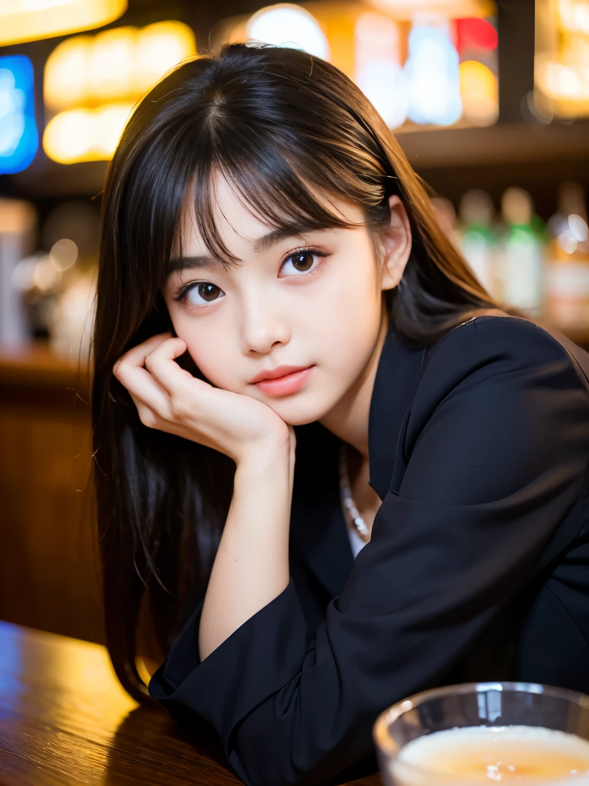 (Best-quality, Masterpiece, Ultra-High-Resolution, (Photorealistic:1.4), Raw Photo, depth of field, professional lighting, perfect anatomy, extremely details), 1girl, -yeld, thost famous Japanese idol, ((extremely cute face like the most popular Japanese idol, ((extremely cute and extremely big eyes)), extremely beautiful hair, extremely beautiful skins), extremely cute long-eyelashes, extremely cute lips), (((completely drunk))),
(relaxing in authentic-bar),
((wearing black-formal-business-suit))