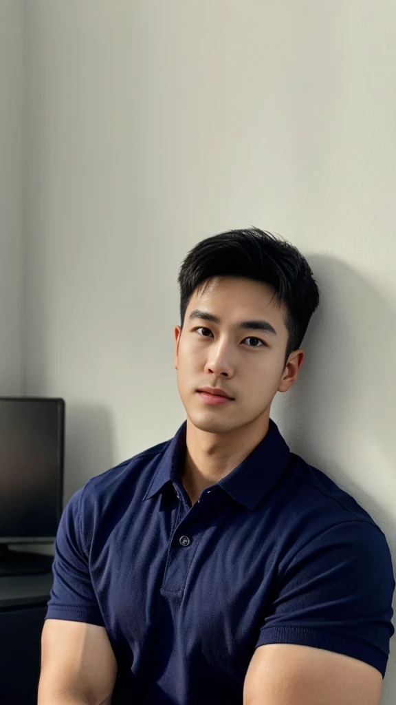 A male police officer in his 20s poses for a group photo., Wear a navy blue polo shirt., high resolution, Masterpiece, best quality, head:1.3,, Smooth and fine skin, clear focus, (movie light), during the night, gentle light, Dynamic angle, (detailed face:1.2), (((exercise))), sport, His arm muscles were very big., hand in crotch, in his bedroom