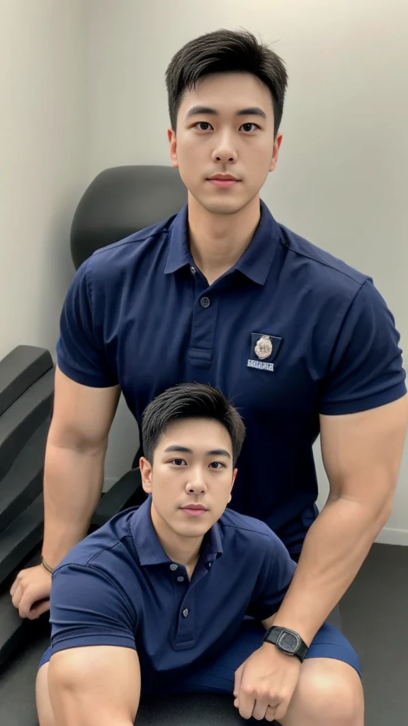 A male police officer in his 20s poses for a group photo., Wear a navy blue polo shirt., high resolution, Masterpiece, best quality, head:1.3,, Smooth and fine skin, clear focus, (movie light), during the night, gentle light, Dynamic angle, (detailed face:1.2), (((exercise))), sport, His arm muscles were very big., hand in crotch, in his bedroom