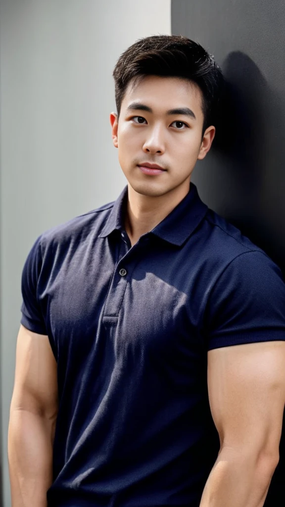 A male police officer in his 20s poses for a group photo., Wear a navy blue polo shirt., high resolution, Masterpiece, best quality, head:1.3,, Smooth and fine skin, clear focus, (movie light), during the night, gentle light, Dynamic angle, (detailed face:1.2), (((exercise))), sport, His arm muscles were very big., hand in crotch, in his bedroom