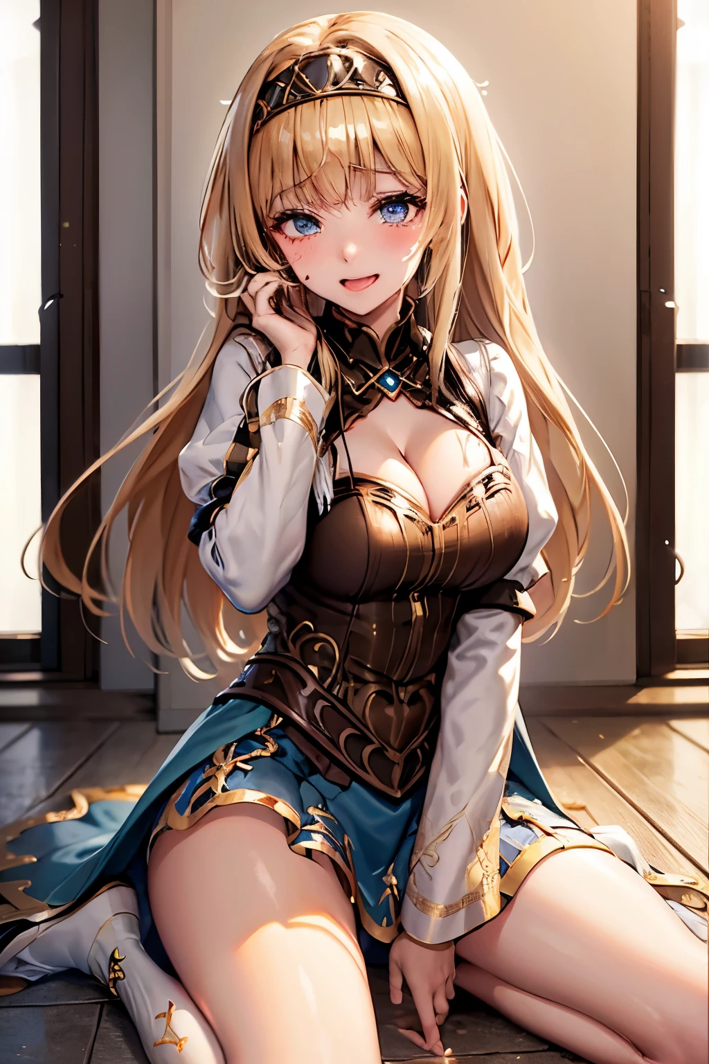 （（（ＳＦＷ、sound、Highest quality、first-clasasterpiece、Normal body、8K、Detailed face、Ultra-precision、Normal hand、Normal finger、５Finger、Highest）））、beautiful girl、Golden blonde;1.4、slender、low length、thin feet、Alisha、Princess、Valkyrie Profile、blush、Dungeons、Waterfront、seiza、Sit down、Spread your legs、Torn clothes、Torn dress、Skirt flipped up、Open clothes、Exposed Skin、I can see her cleavage、Pure white pants、I can see your pants、Open your mouth、Sticking out tongue、A face melting with pleasure、Drowning in pleasure、Shy appearance、Feeling embarrassed、tears、tearsを浮かべる、Climax C