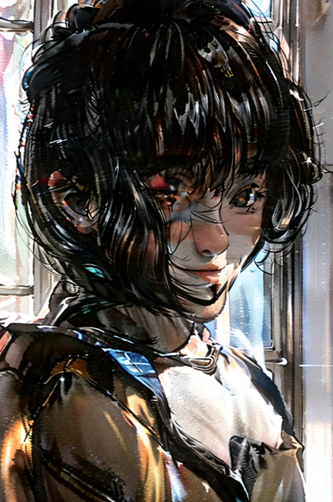 A man rides a 2 year old on his shoulder, sunlight shines through the window onto the body, short black hair, smile, high detail, anime style, ray tracing, Cinematic lighting, chiaroscuro, symmetry, First person perspective, man (1.4), girl (1.2), smile (1.3), short black hair (1.2), Best quality, 8 k.