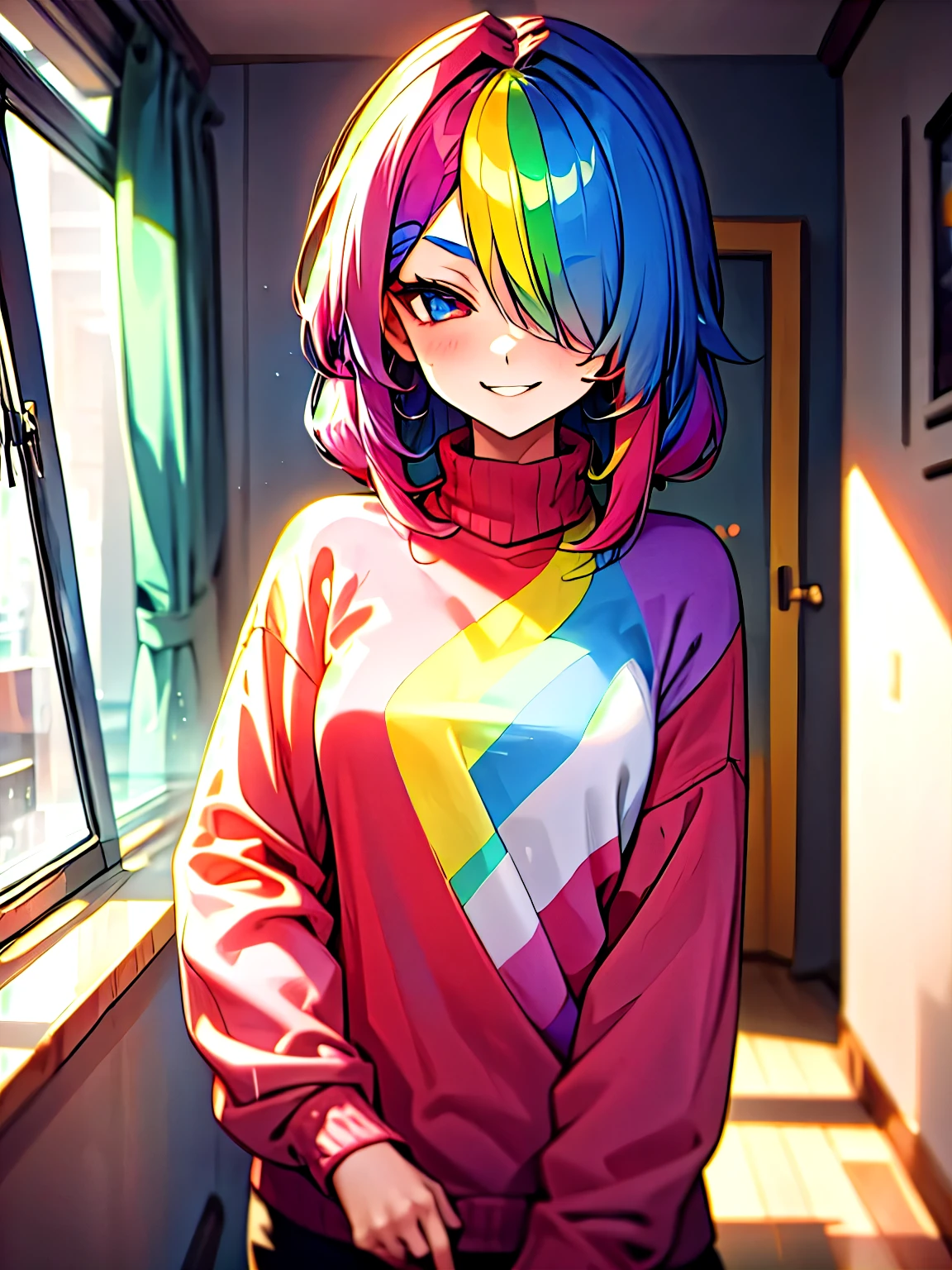 woman, rainbow hair, hair over one eye, smirk, indoors, rainbow sweater