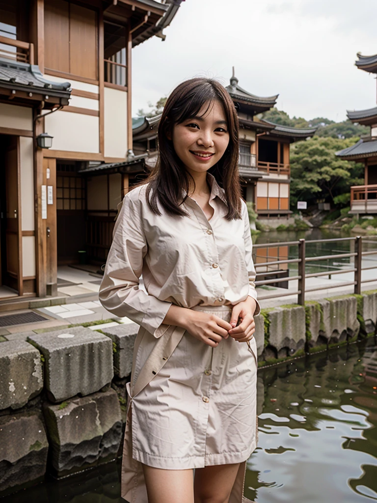 Smiling Asian woman with Kyoto river in the background