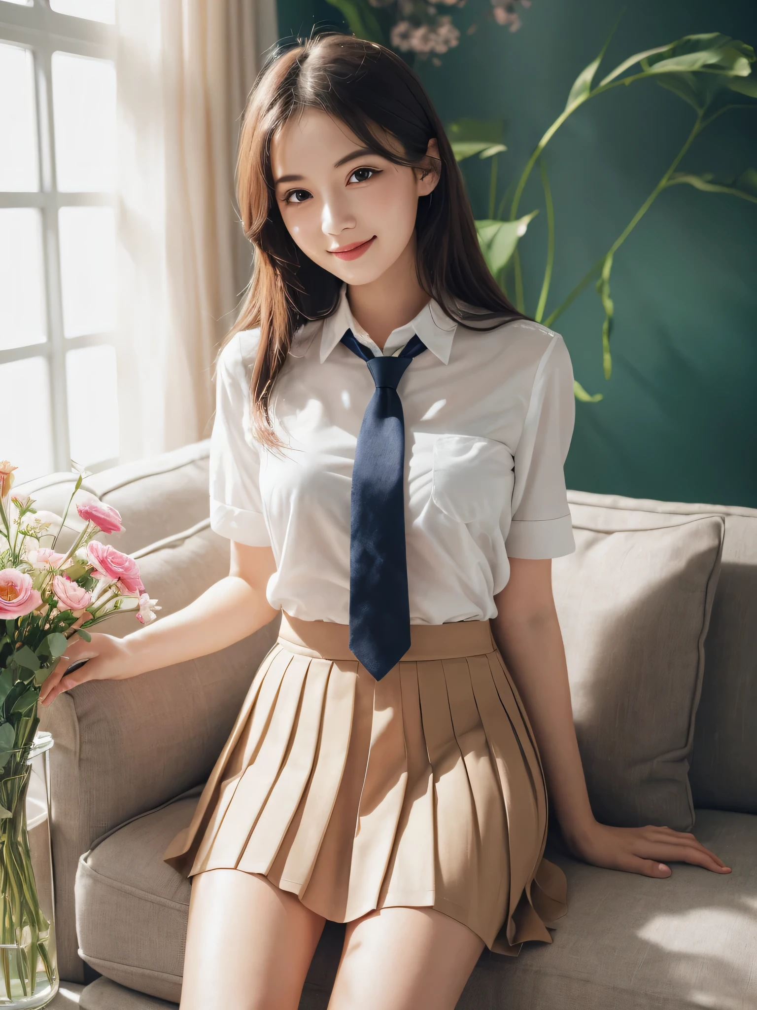 (1woman), (round eyes:1.2), (highly detailed face and eyes), refreshing smile, Amazing face and eyes, (school uniform, pleated skirt, tie:1.3), (Best Quality:1.4), (Ultra-detailed), (extremely detailed CG unified 8k wallpaper), Highly detailed, High-definition raw color photos, Professional Photography, Realistic portrait, indoors, (casual room, cute wallpapers:1.3), (Surrounded by lots of cute fresh flowers. Inside a photo studio, cute sofa:1.3), depth of fields, reflection of light, (fine face:1.2), summer,