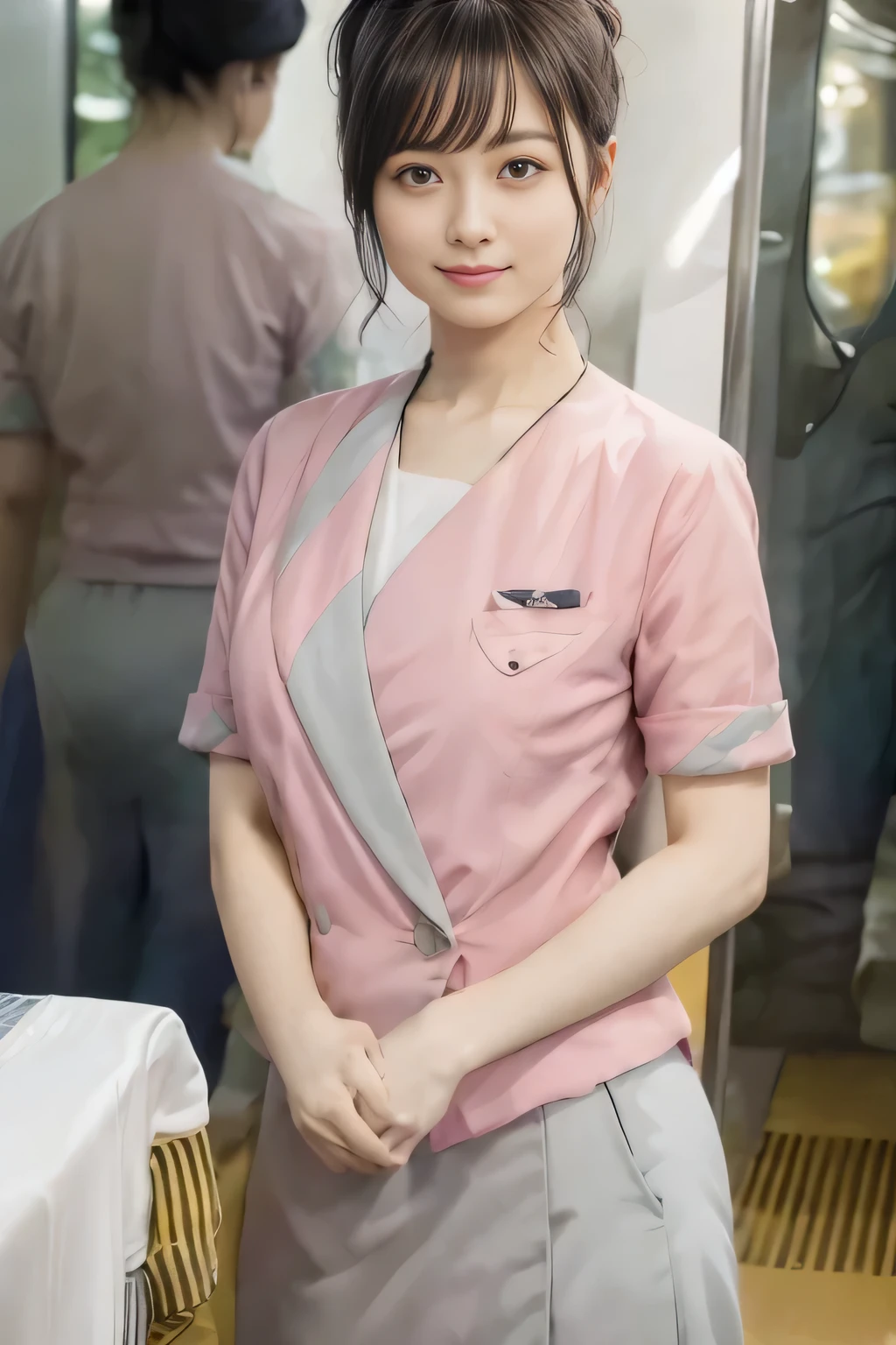 (masterpiece:1.2, Highest quality:1.2), 32k HDR, High resolution, (alone、1 girl)、 (Height: 160cm)、（On the rooftop of a building in the daytime、Professional Lighting）、Building rooftop background、（Nankai train crew uniform pinkを着たリアルスタイル）、（Nankai train crew uniform pink short sleeve collarless pink jacket、Nankai Train Crew Uniform Pink Collarless Short Sleeve Blouse、Nankai Train Crew Uniform Pink Grey Knee-length Culottes）、（The pink jacket is showing from the culottes.）、Dark brown hair、（Hair tied up、Hair tied up、Evening curly hairstyle）、Dark brown hair、Long Shot、Big Breasts、Thin legs、（（Great hands：2.0）），（（Harmonious body proportions：1.5）），（（Normal limbs：2.0）），（（Normal finger：2.0）），（（Delicate eyes：2.0）），（（Normal eyes：2.0））)、smile、（Nankai Train Crew Uniform Pink Grey Knee-length Culottesを見せた美しい歩く姿）、Place your hands around your stomach