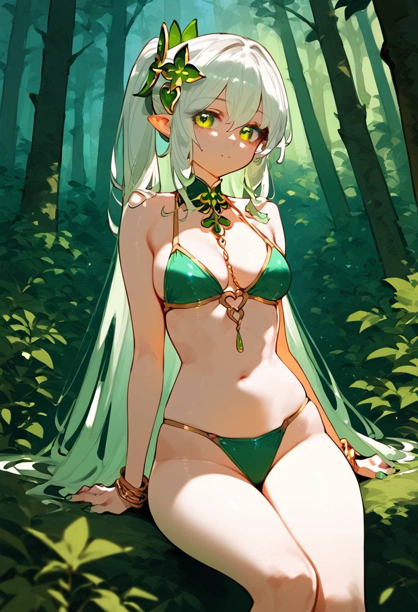 anime artwork, score_9, score_8_up, score_7_up, score_6_up, score_5_up, score_4_up, nahida, style_3, forest background, , , , , _, , sit, , solo, bikini, , fingers frame