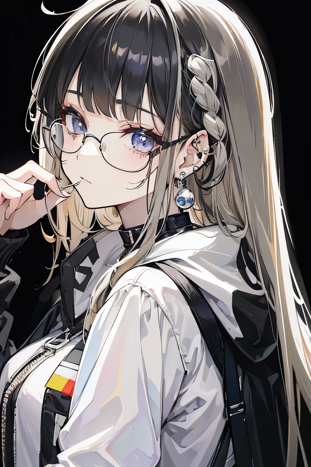 1girl, short mullet_hairstyle, hair down, blunt_bangs, Black_bangs、The sides and back of the hair are blonde, wearing Black-rimmed under-rimmed glasses、black_eyes、wearing a space patterned hoodie、Three simple silver ball piercings in the right earlobe、Two piercings in the cartilage of his right ear、Two simple silver ball earrings on the left earlobe、A simple silver ball piercing on the lower right corner of her lip, front face