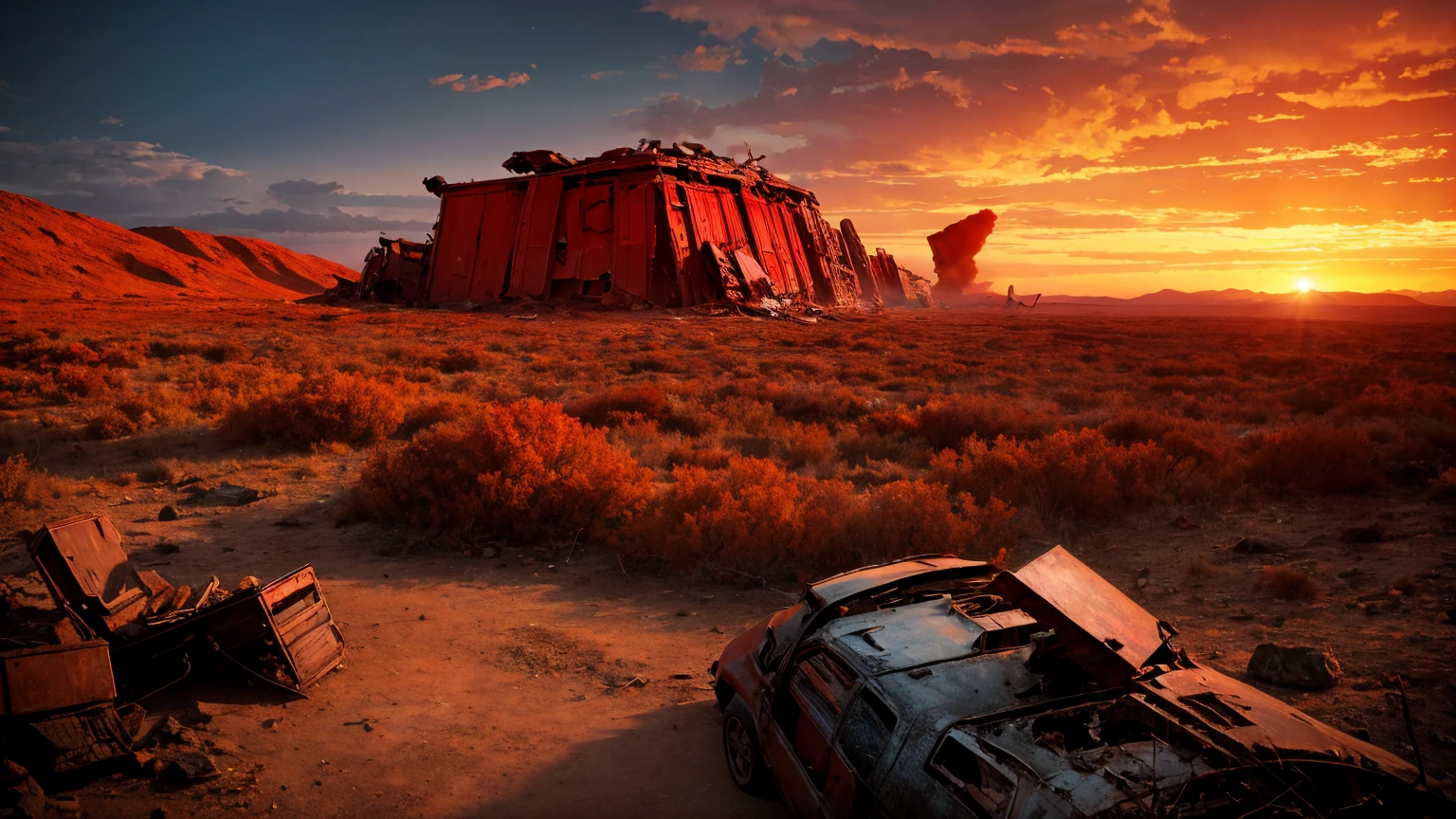highest quality、Desolate Earth、wreckage、Red Sky、Surrealism