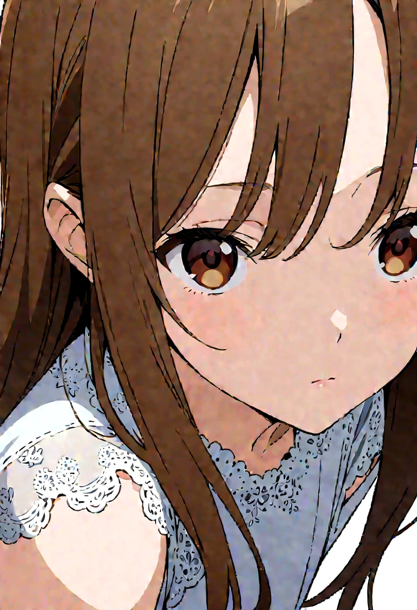 Masterpiece, Best quality, 1 Female,l, young girl, brown eyes color, long hair, smoky mix brown color hair, resolute eyes, white and blue dress, white eardrop, frontal photo, blank background, remove background, anime, illustration, face away