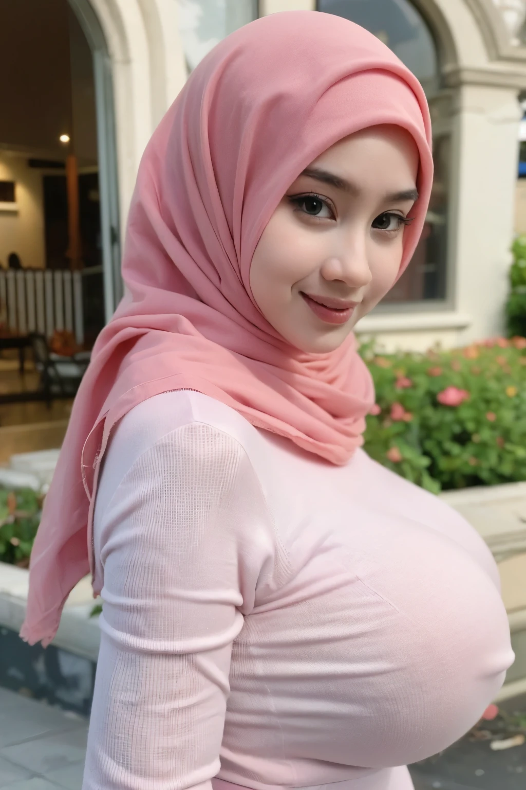 Chubby adorable, 1 girl, (face to face), , baby face, happy, half body portrait, (face details: 1), (eye details: 1), ((big breasts)). wearing transparent transparency soft soft long shirt, hijab, .. Cute posed. proportional body. Ultra High Res. realistic: 1.4, UHD, (floral pattern), view from side seductive pose