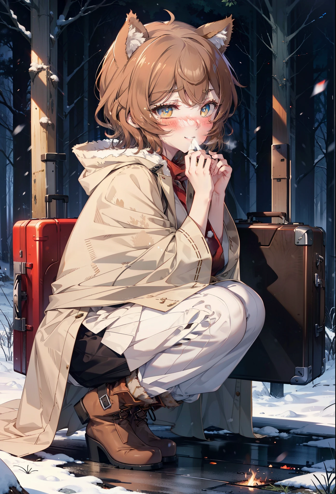 Liliru Card, Liliruca gets burned, Animal ears, (Brown eyes:1.7), Brown Hair, (Flat Chest:1.2), short hair,smile,blush,White Breath,
Open your mouth,snow,Ground bonfire, Outdoor, boots, snowing, From the side, wood, suitcase, Cape, Blurred, having meal, forest, White handbag, nature,  Squat, Mouth closed, Cape, winter, Written boundary depth, Black shoes, red Cape break looking at viewer, Upper Body, whole body, break Outdoor, forest, nature, break (masterpiece:1.2), Highest quality, High resolution, unity 8k wallpaper, (shape:0.8), (Beautiful and beautiful eyes:1.6), Highly detailed face, Perfect lighting, Extremely detailed CG, (Perfect hands, Perfect Anatomy),