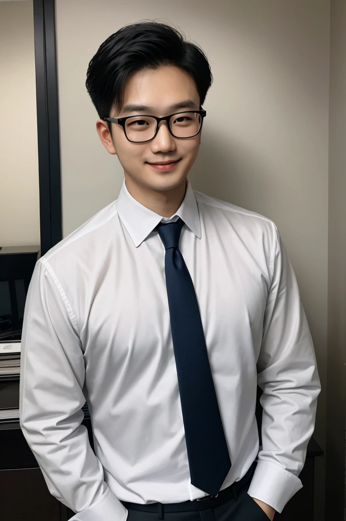 (Frontal photo)(office backdrop)Zhang Qiang, 30 age old, project manager。He wears a dark suit, Wear yours with a white shirt and dark tie。His hairstyle is neat, The face is clean and clean, The eyes reveal wisdom and confidence。He smiled and looked into the camera, It imparts a professional and competent temperament, hyper HD, Masterpiece, Textured skin, High quality, A high resolution, Best quality, High details