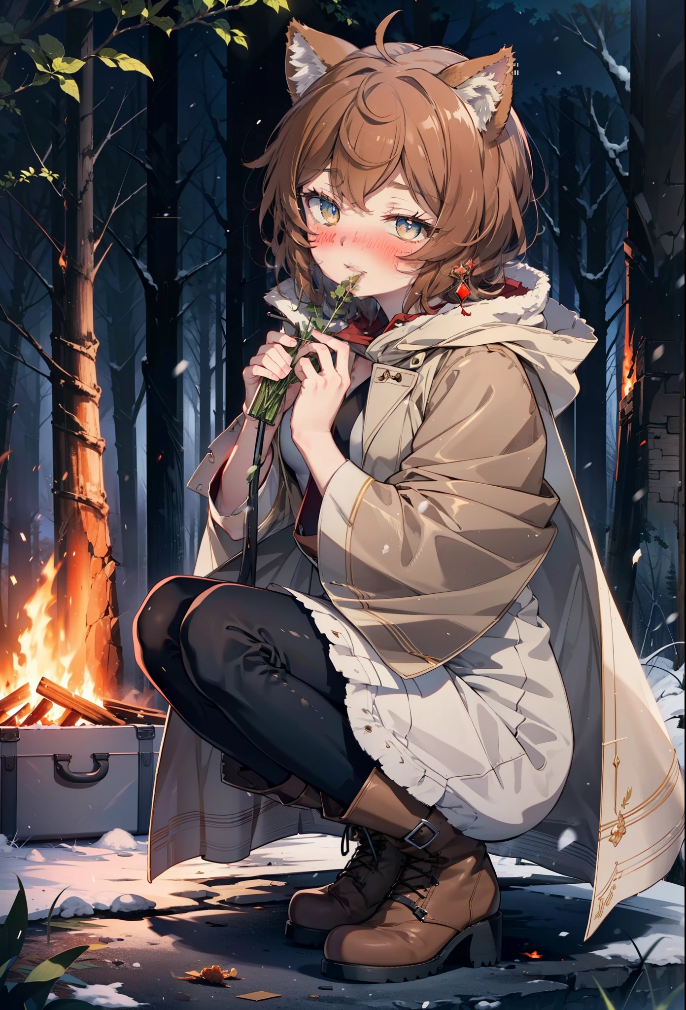 Liliru Card, Liliruca gets burned, Animal ears, (Brown eyes:1.7), Brown Hair, (Flat Chest:1.2), short hair,smile,blush,White Breath,
Open your mouth,snow,Ground bonfire, Outdoor, boots, snowing, From the side, wood, suitcase, Cape, Blurred, having meal, forest, White handbag, nature,  Squat, Mouth closed, Cape, winter, Written boundary depth, Black shoes, red Cape break looking at viewer, Upper Body, whole body, break Outdoor, forest, nature, break (masterpiece:1.2), Highest quality, High resolution, unity 8k wallpaper, (shape:0.8), (Beautiful and beautiful eyes:1.6), Highly detailed face, Perfect lighting, Extremely detailed CG, (Perfect hands, Perfect Anatomy),