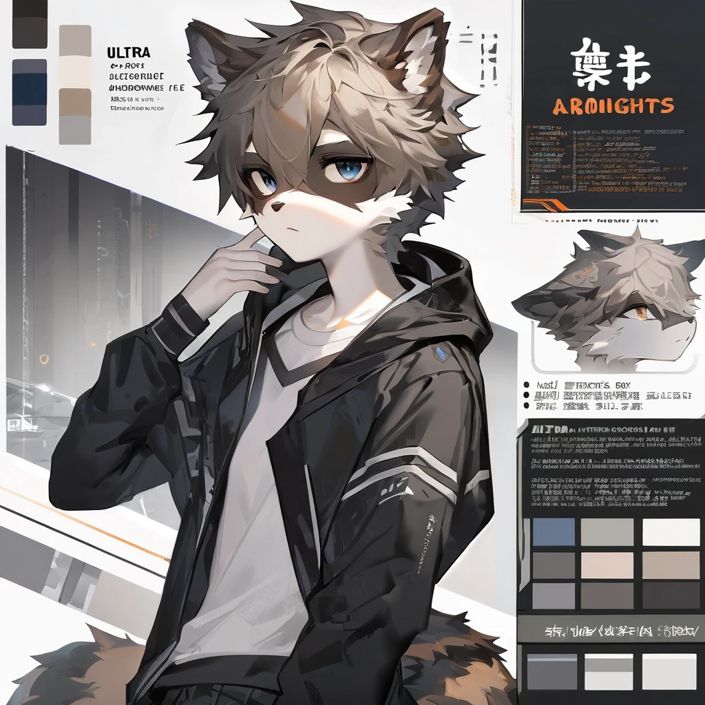 ((Masterpiece)), (Ultra detailed), (best quality), detailed background, Raccoon, (arknights style), (concept art, Character Sheet), absurdities (Beautiful and highly detailed face and eyes) perfect anatomy ( angelic handsome boy, Black jacket, )(furry antro),