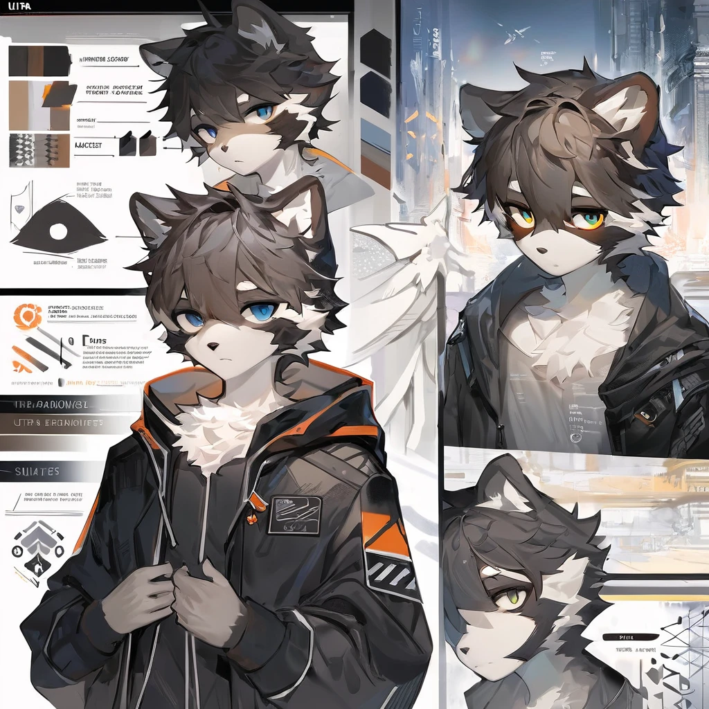 ((Masterpiece)), (Ultra detailed), (best quality), detailed background, Raccoon, (arknights style), (concept art, Character Sheet), absurdities (Beautiful and highly detailed face and eyes) perfect anatomy ( angelic handsome boy, Black jacket, )(furry antro),