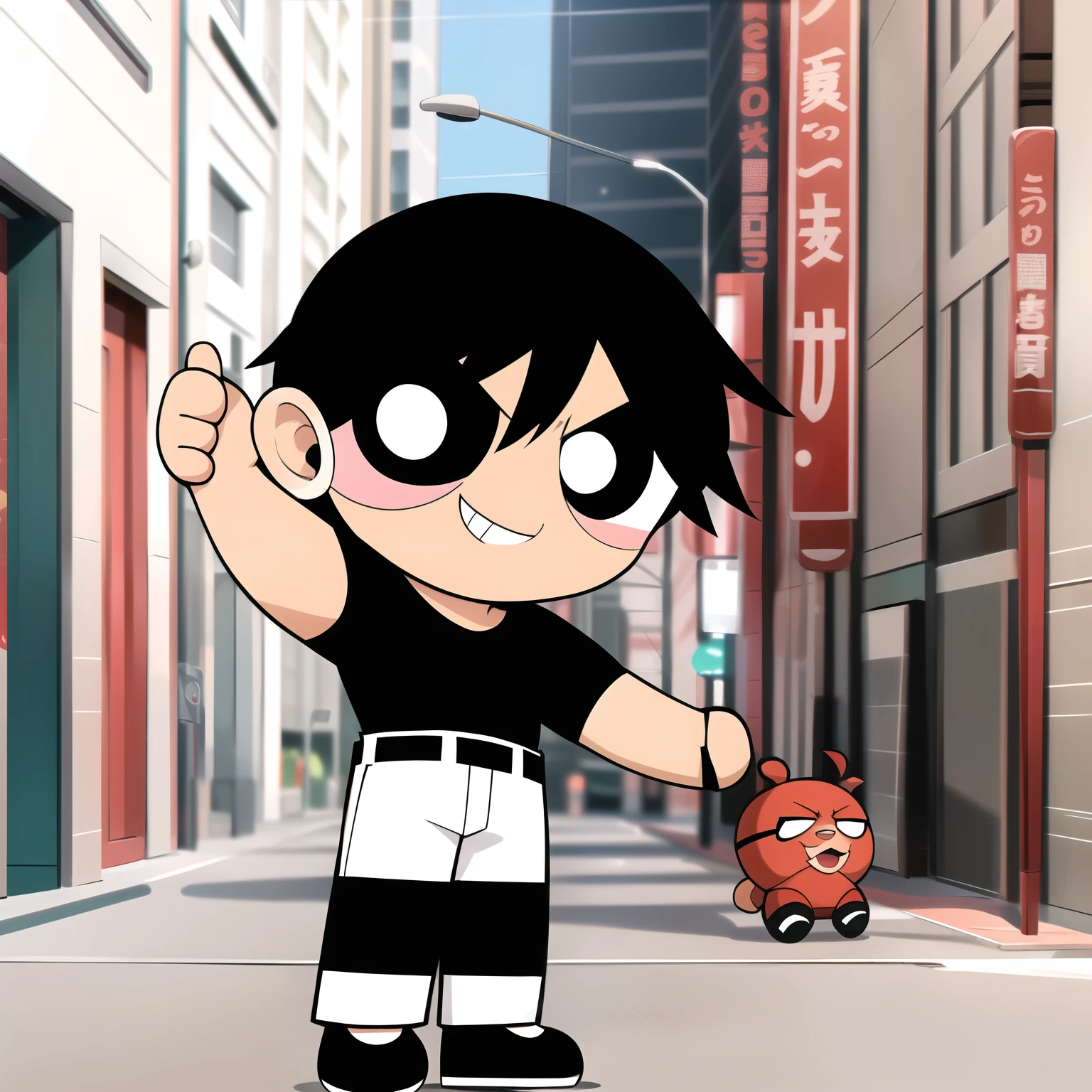 fushiguro toji, muscular male, black shirt, short sleeves, pants, cute smile, full body, chibi, black hair, background, (((Solo)))