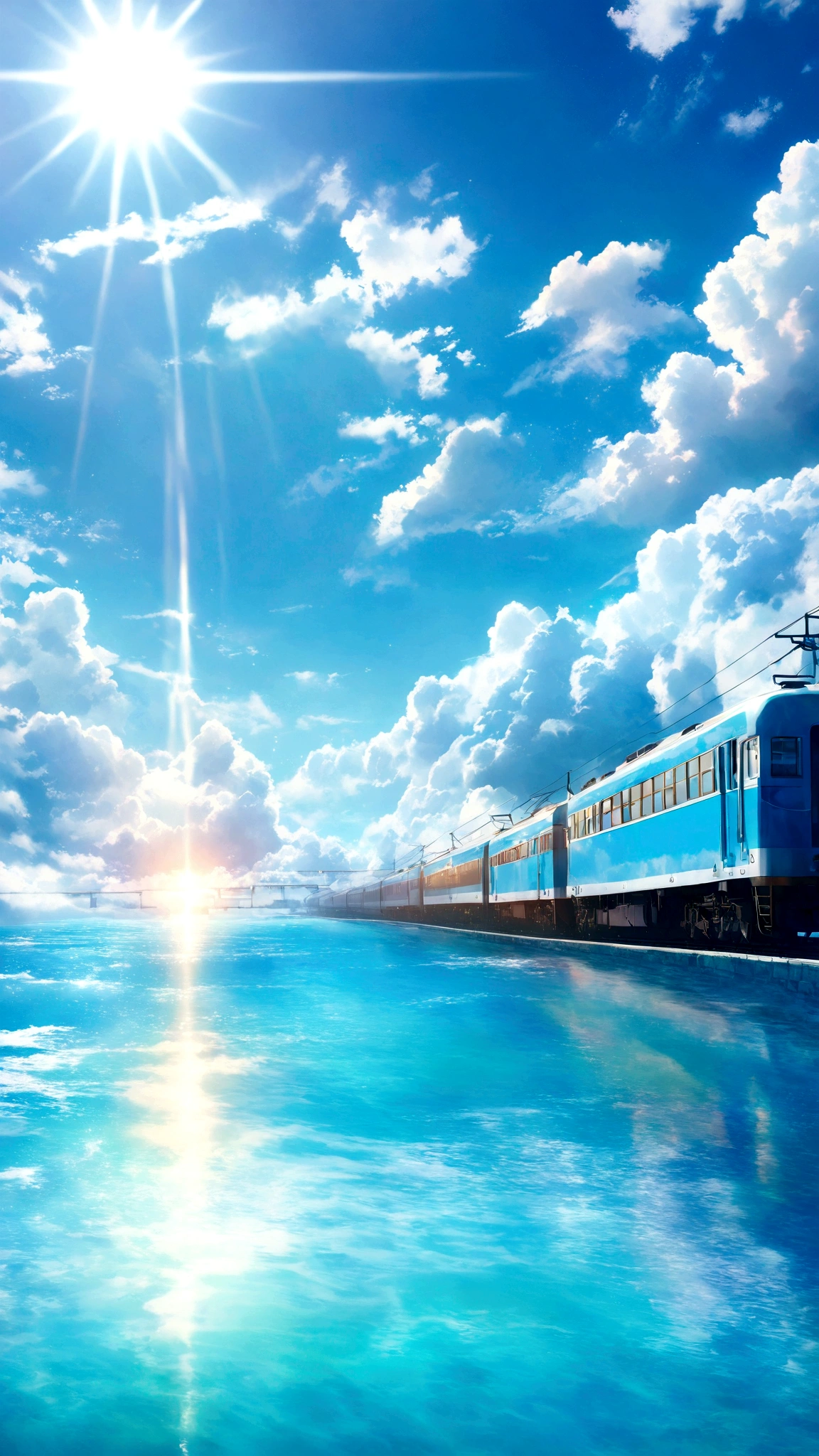 there is a train that is going down the tracks by the water, Beautiful high resolution, train, Wallpaper HD beautiful, Detailed scenery —width 672, Sunny summer days, Incredibly beautiful, train station background, Best selection on Adobe Stock, Wallpaper Anime Blue Water, Amazing wallpapers, Anime beautiful peaceful scene, Beautiful morning, scenery is beautiful, Beautiful composition