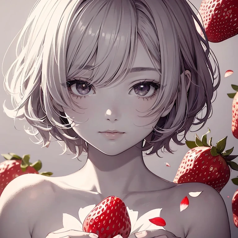 finest image, portrait, line drawing, art, illustration, monochrome, no color, very cute pixie cut girl, background white, red strawberries，ラズベリー，クランベリー and petals, professional lighting